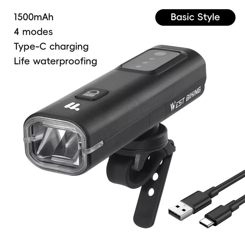WEST BIKING Bike Intelligent Light Sensing Headlights Battery Indicator Headlamp MTB Road Bicycle Rechargeable LED Flashlight Basic Style