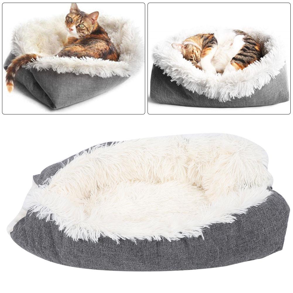2 In 1 Plush Cat Bed House Foldable Pet Bed Mat Soft Warm Sleeping Bag Pet SupplyWhite