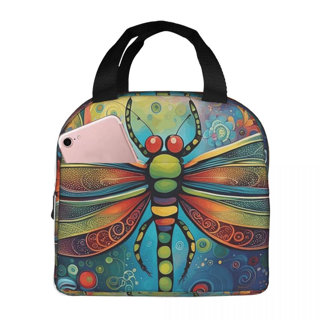 Colorful Dragonfly With Flower Insulated Lunch Bag for Women Kids Leakproof Food Boxes Thermal Lunch Box Tote