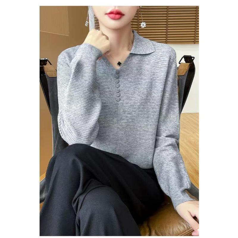 

Новый стиль Лацкан Вязаный Шерстяной Женский Весенне-осенний Пуловер с длинным рукавом Свитер Высококачественный Топ-подкладка L серый