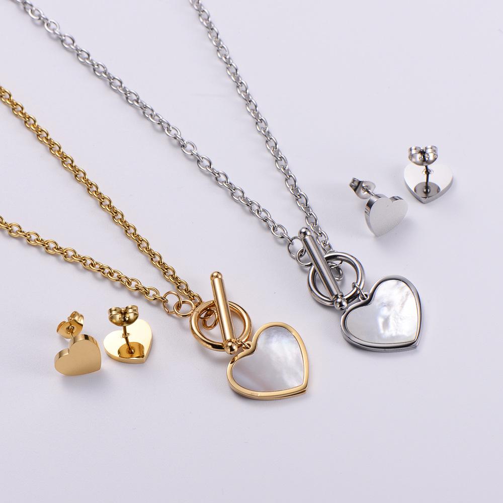Stainless Steel Toggle Clasp Heart Necklace and Earring Jewelry Sets for Women