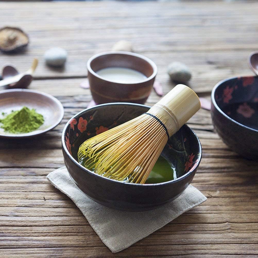 Japanese Matcha Tool Set Bamboo Scoop,Bamboo Spoon,Bamboo Whisk,Ceramic Whisk Holder Fit for Tea Ceremony Use (White)