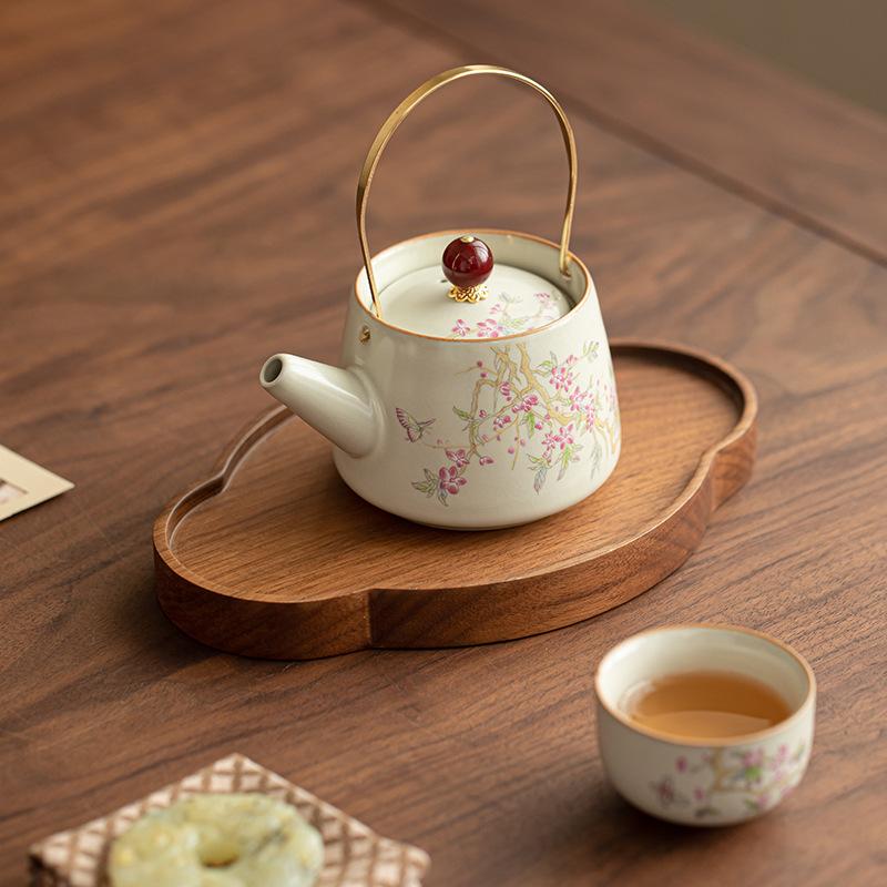 Beige Ru Kiln Open Teapot Household Brewing Teapot Kung Fu Tea Set Retro Single Pot Filter Chinese Beam Pot High-grade