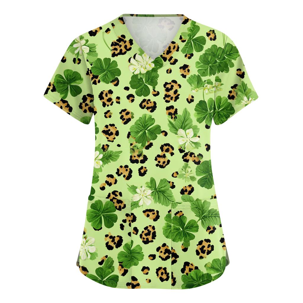 Damen St. Patrick Print Modischer V-Ausschnitt Tasche Kurzarm Uniform und Pflegeoberteil