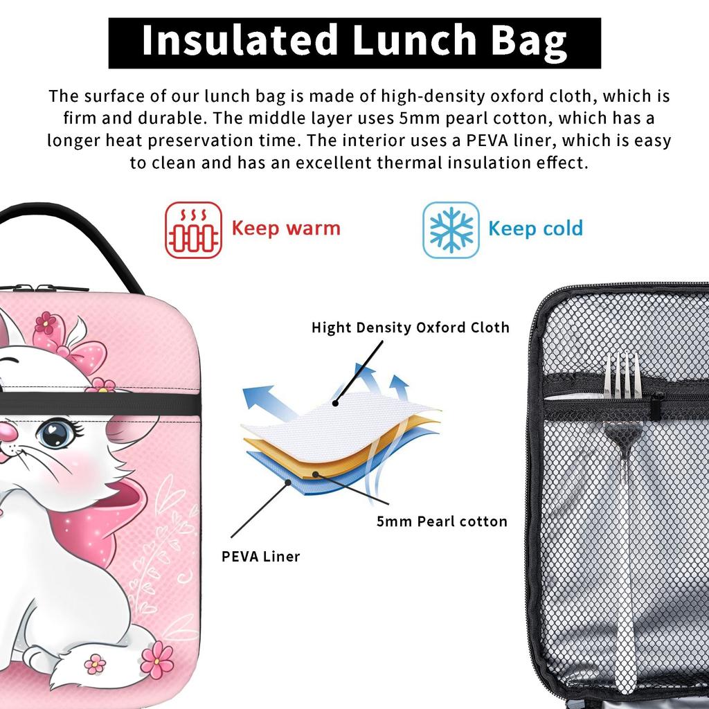 Maries Cat Insulated Lunch Bags Cooler Bag Reusable,Meal Container Cute Kitten Anime Large Tote Lunch Box Food Bag