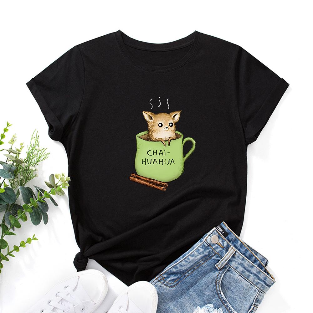 Summer Round Neck Cute Dog and Tea Cup Design Printed T-shirtsFashionable Casual Pure Cotton Short Sleeved Women's T-shirts