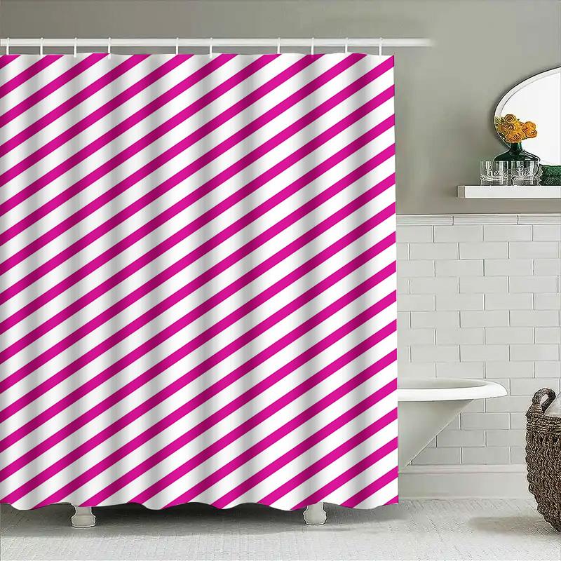 Pink and White Striped Shower Curtain Waterproof Fabric Bathroom Decor Hanging Accessory for Bathtub or Toilet Area One Size (W1