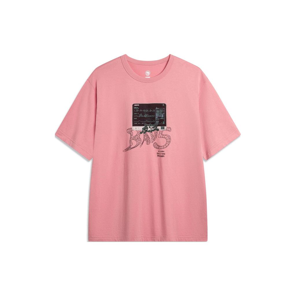 Li-Ning Badfive Tactical Letter Print Casual Round Neck Loose Short Sleeve T-Shirt Men Tops Peach-Pink AHSU431-7
