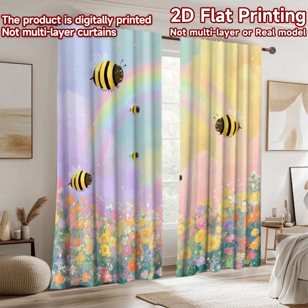 2D Flat Printing 2pcs Curtains Cute Bee Rainbow Flowers Digital Printed Polyester Drapes Family Party Use for New Year and