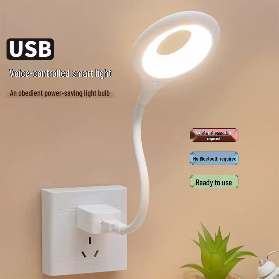 LED Sound-Activated Voice-Controlled Bedside Lamp with USB Smart Plug