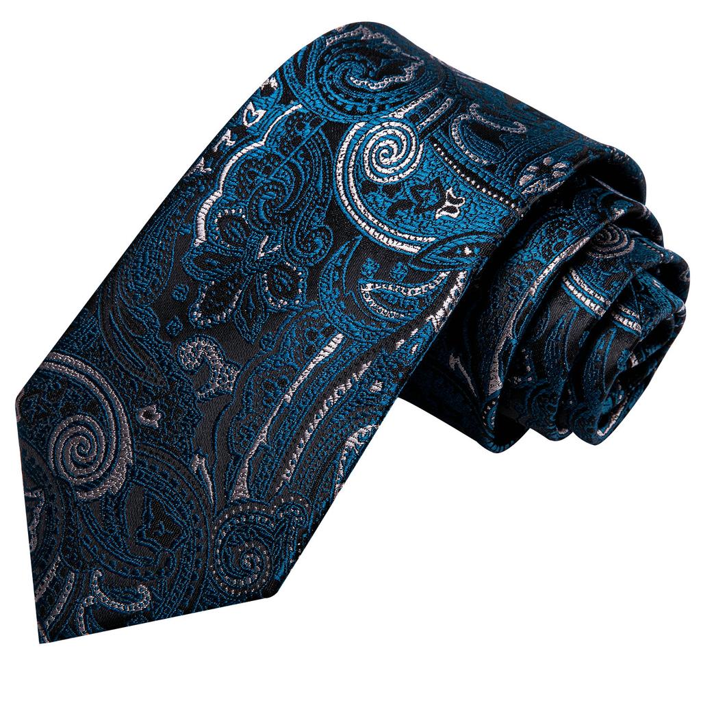Hi-Tie Fashion férfi kék Paisley nyakkendő Hanky ​​mandzsettagombok üzleti esküvőre