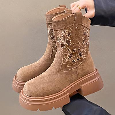 Fashion Sexy Hollow Slip On Women Short Boots 2024 Autumn Embroider Thick Platform Ladies Boots Leisure Solid Round Toe Bota Shoes