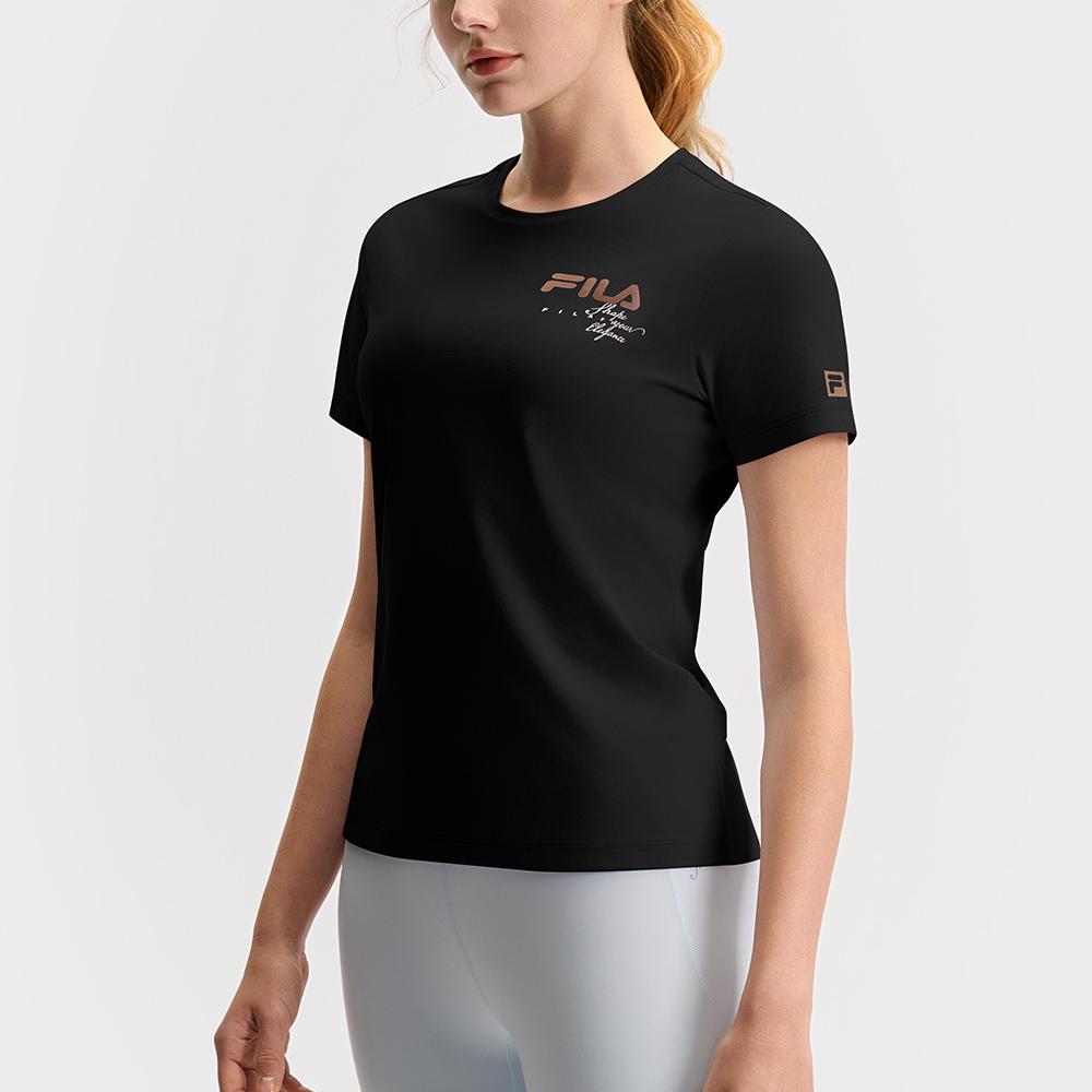 FILA Fitness Versatile Comfortable Casual Sports Simple Skin-Friendly Knitted Short Sleeve T-Shirt Women Tops Deep-Black A11W521105F-BK