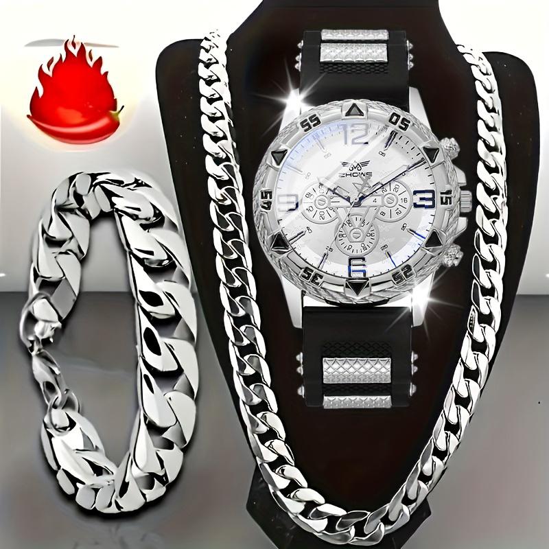 Спортивный набор часов 3 шт. Мужской кварцевый набор часов Мужской браслет Мужское ожерелье Набор браслетов из нержавеющей стали Повседневные часы для мужчин