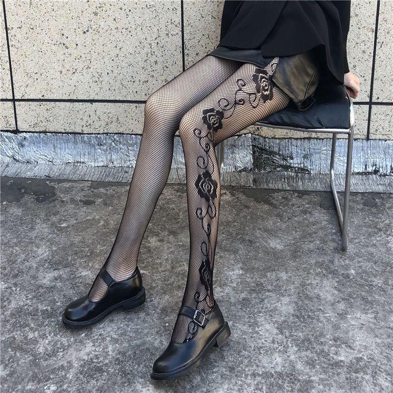 Sexy Fishing Net Socks, Hollowed Out Jumpsuit, Black and White Side Rose Fishing Net Stockings, Thin Stockings for Spring, Summer, and Autumn
