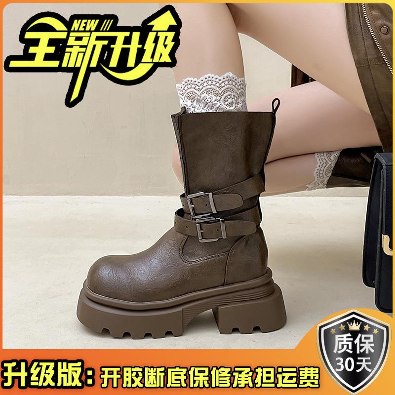 Fashion Thick-soled Leather Boots Heightened Adjustable Belt Buckle Martin Boots Women's Autumn and Winter Retro Fashion Medium Tube Knight Boots