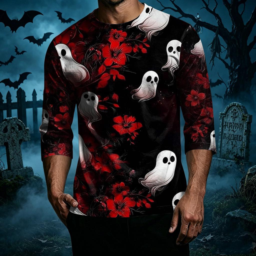Men Casual Halloween Print Raglan Sleeve T Shirt Crew Neck Three Quarter Sleeve Top Lightweight Comfortable Fit