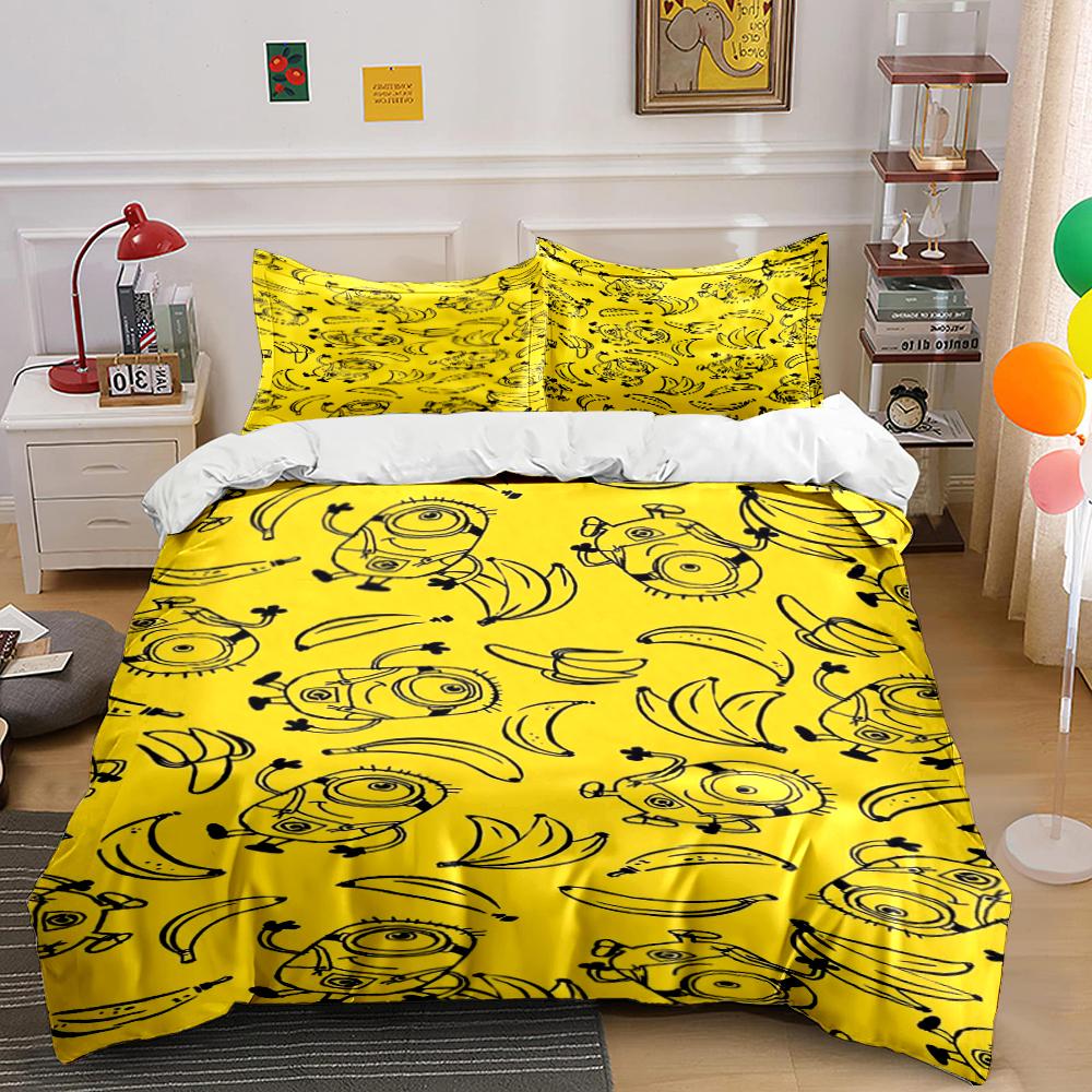 Yellow Cartoon Characters with Bananas Bedding set (1 duvet cover, 2 pillowcases, duvet not included) 135x200cm