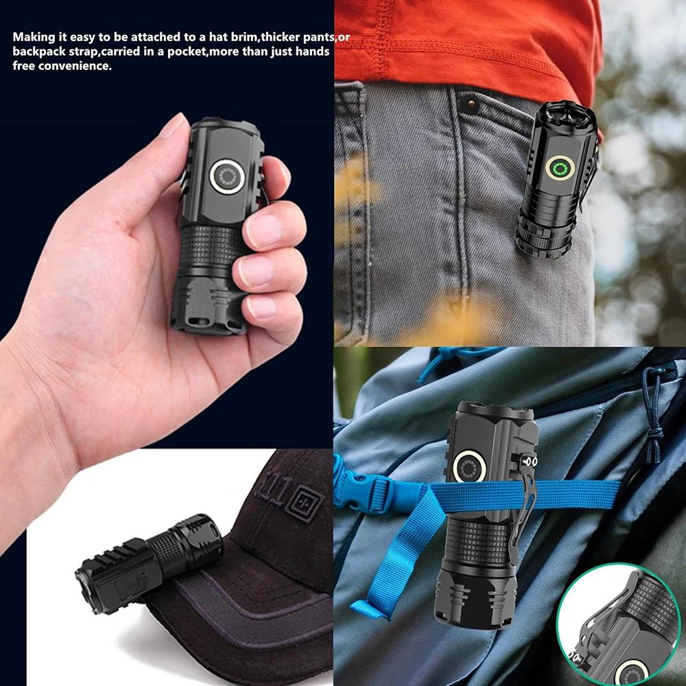 High Strong Power LED Flashlight  Mini Portable TYPE-C Rechargeable Lantern Solar Charging with Hat Clip Outdoor Camping Torch