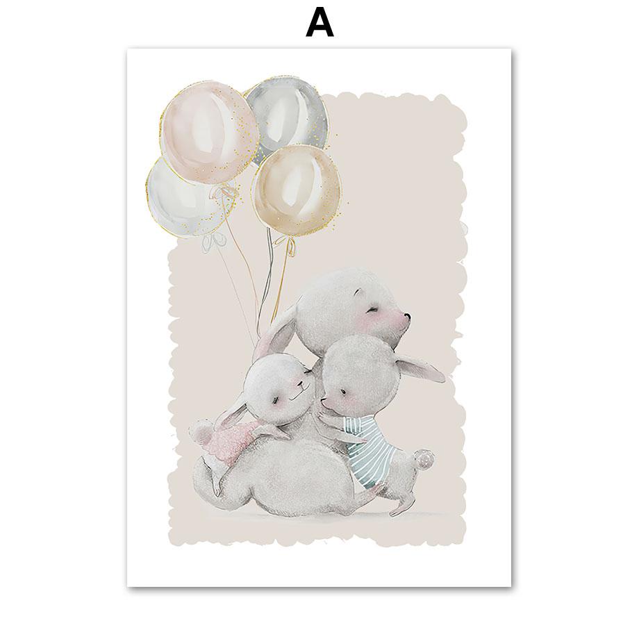 Lustiger Bär Hase Babybuch Ballon Kinderzimmer Poster Cartoon Wandkunst Druck Leinwandmalerei Baby Kinderzimmer Heimdekoration Bild