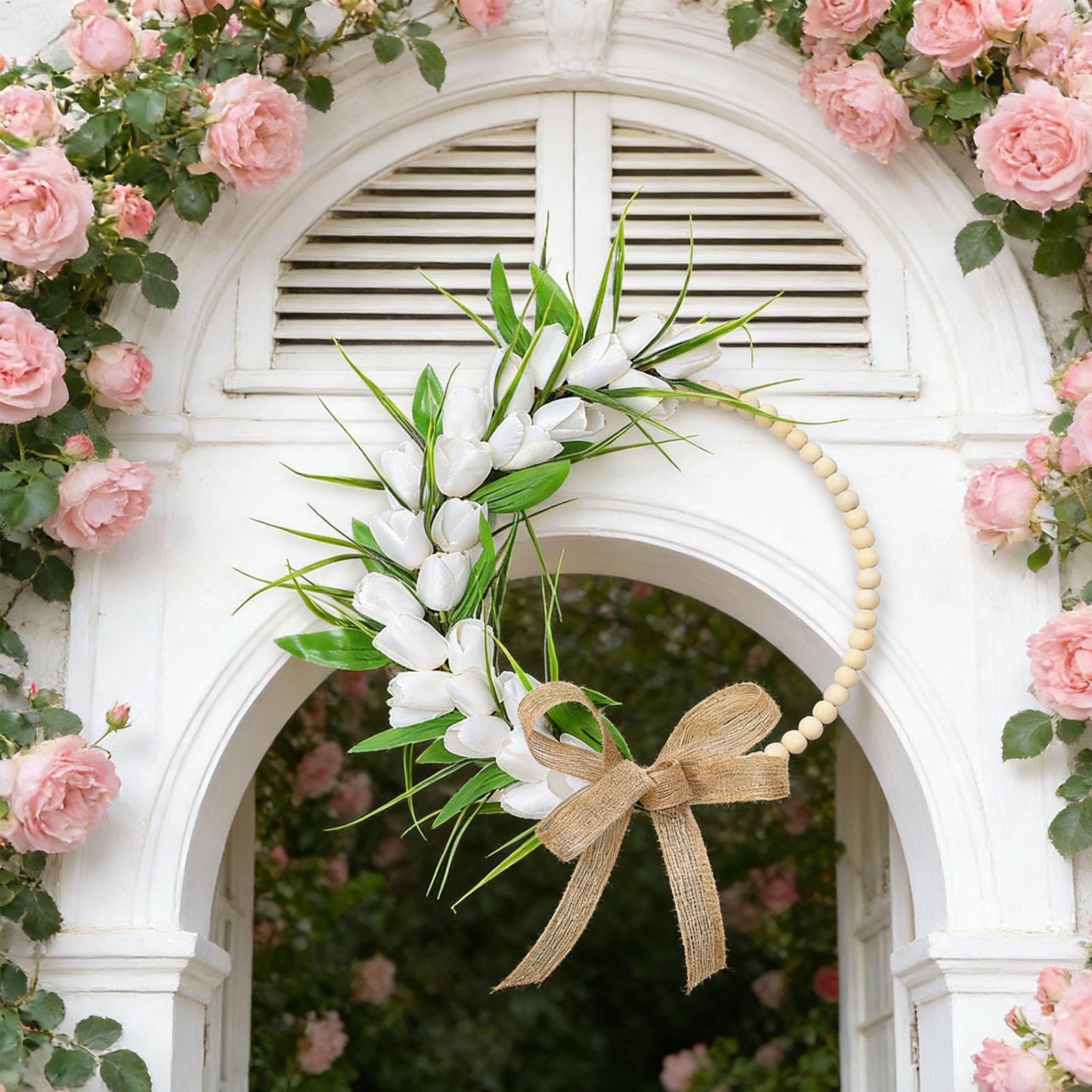 

Artificial Flower Wreath 13.8 Inch Green Leaves Spring Floral Hoop Wreath with Wooden Beads for Front Door Wall Wedding Party Decor