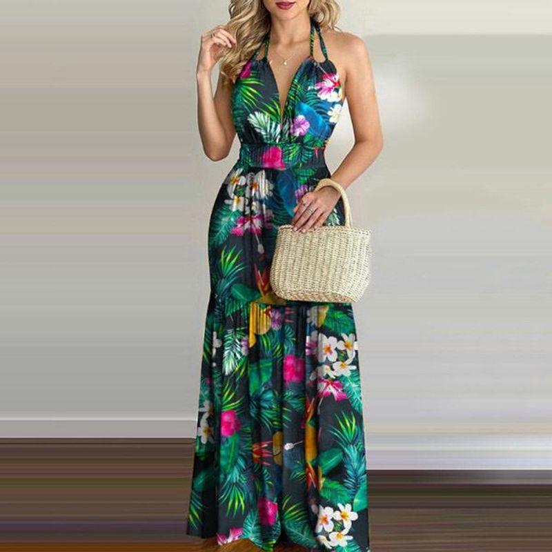 European and American-Style Printed Backless Maxi Dress