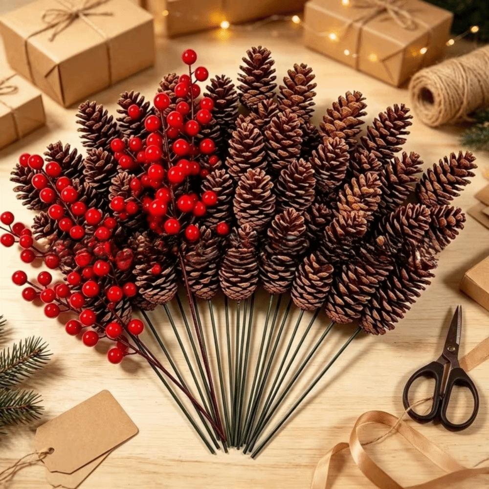 10pcs Ornaments Artificial Plants Pine Needles Red Fruits Christmas Tree Decorations New Year