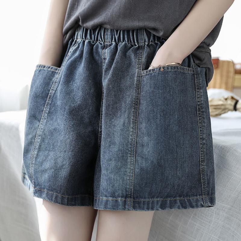 Denim Shorts Women's Clothing Summer Korean Vintage Simplicity Fashionable Loose Elastic Waist Pockets Casual Sports Shorts Y2k