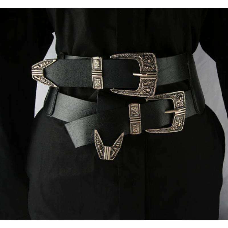 Women's Fashion Elastic Wide Waistband with Metal Carved Double Buckle Decorative Waist Belt for Dresses and Blouses Slim Waist