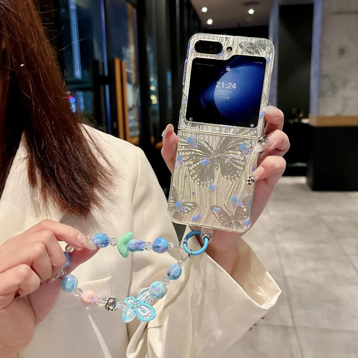 

Чехол для телефона с лазерным узором в виде бабочки и браслетом для Samsung Galaxy Z Flip 6 5 Flip6 Flip5 5G Hand Rope Hard PC Противоударный чехол For Samsung Galaxy Z Flip 5