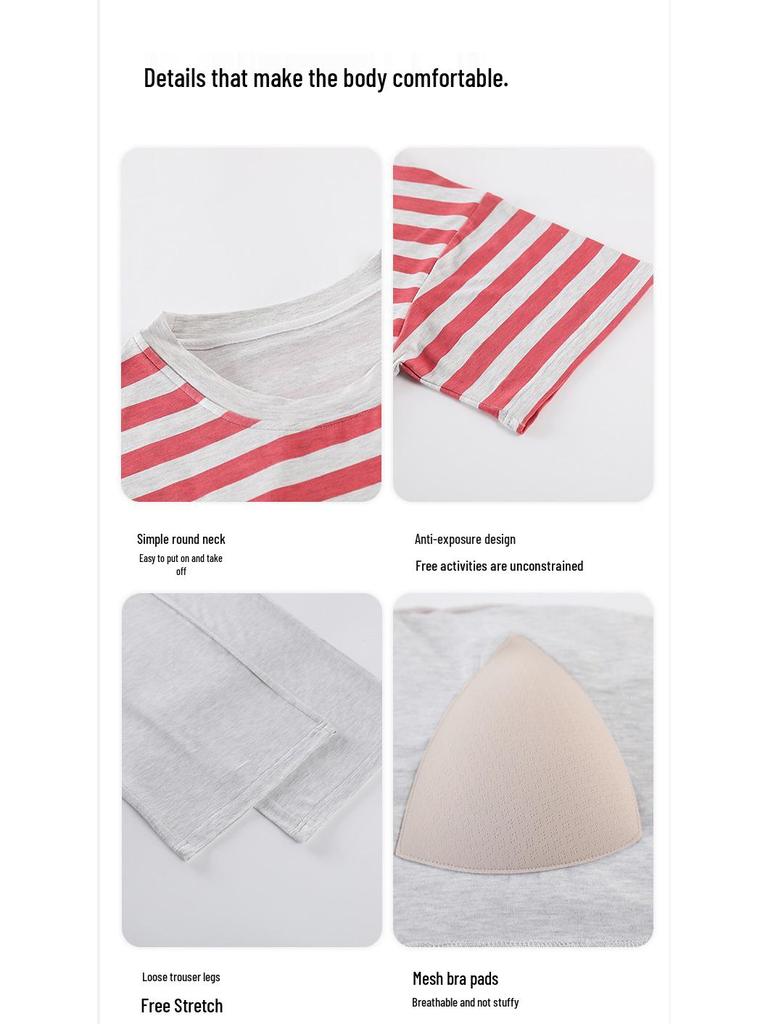 Women's Summer Three-Piece Modal Pajama Set with Bra Pads - Short Sleeve Top, Shorts, and Long Pants for Indoor/Outdoor Wear