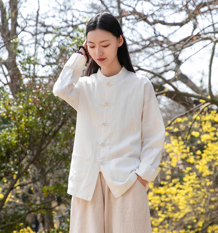 Frühlings-Baumwoll-Leinen Retro Ramie Stehkragen Froschknöpfe Hemd für Damen - Tai Chi Meditation Oberbekleidung