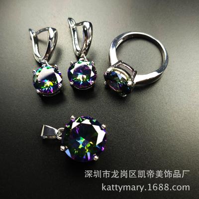 Einfaches Schmuckset, Bunte Zirkon-Ohrringe, Halskettenset, Kette, Damenring Hochzeitsdreiteiliges Set, Kostenlose Kette.