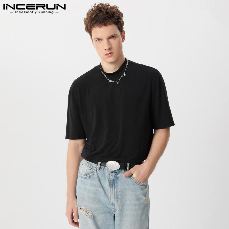 

INCERUN Мужские футболки оверсайз с высоким воротом, с коротким рукавом, повседневные, свободные, майки 2XL