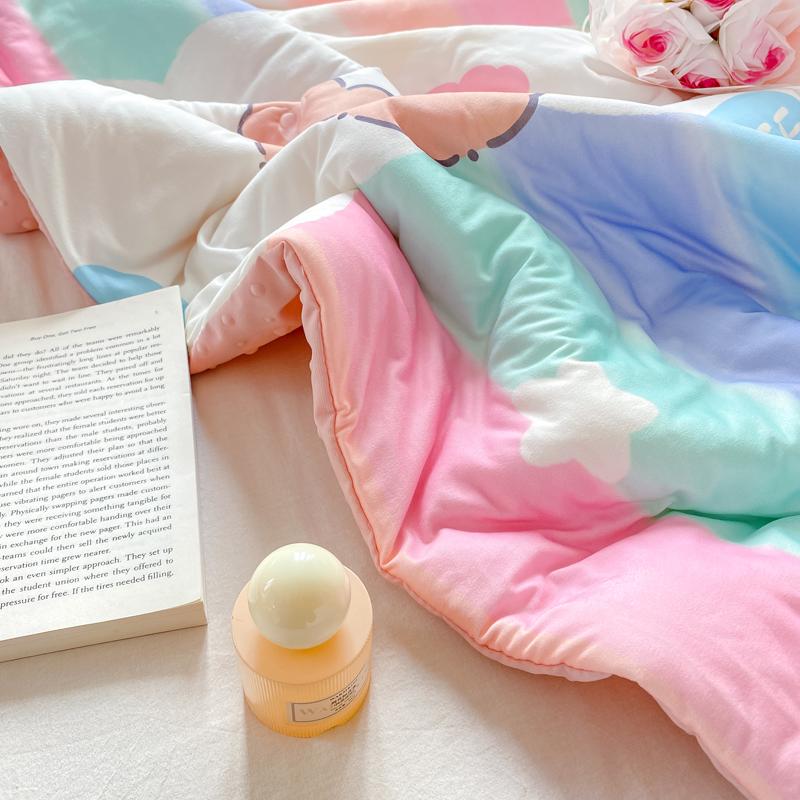 Cartoon Rainbow Bear Summer Quilt 100% Cotton Air Conditioning Thin Quilt for Kids Teens Multi-functional Nap Quilted Quilt
