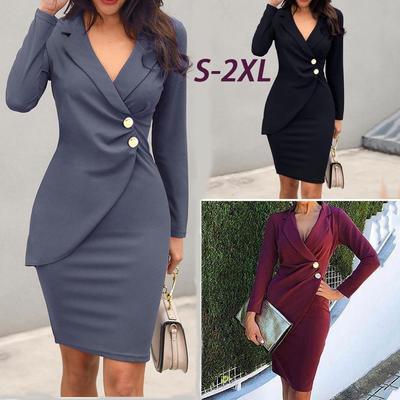 TOP-FASHION-WOMEN Rever Bodycon Nasturi Mânecă Lungă Slim Fit Costum de Afaceri Rochie Midi Blazer