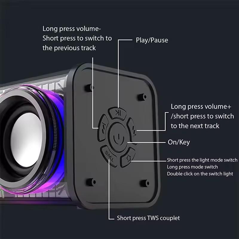 TWS V8 Transparent Mecha Powerful Speaker RGB Light Bluetooth Wireless Surround Bass Subwoofer Music Mini Home Party Loudspeaker