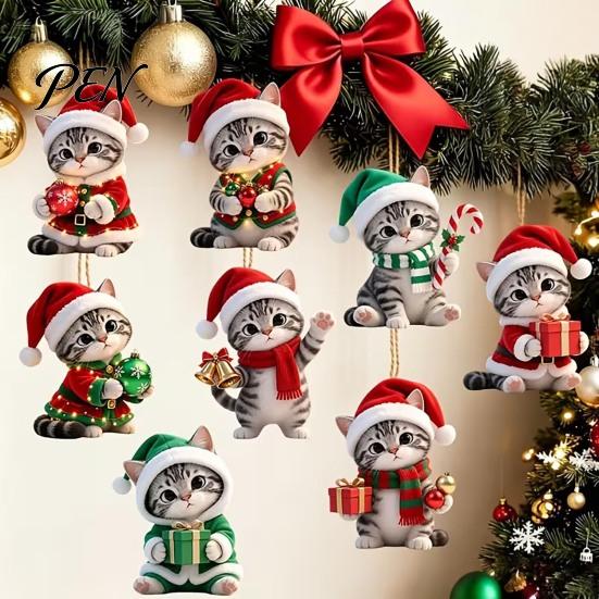 Flat Wood Ornament Cute Kitten Christmas for Tree Hanging, 2D Wooden Rustic Xmas Ornaments Decorative Pendant with Lanyard Home Holiday Party Supplies