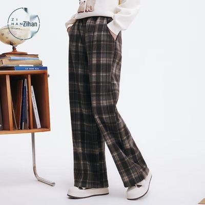ZIHAN Women's Retro Coffee Plaid Wide-Leg Pants