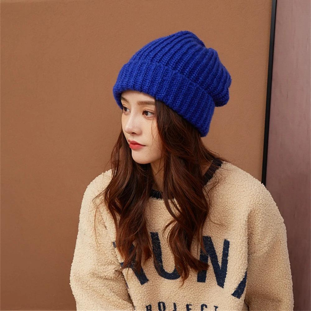 

Winter Knitted Women s Hats Lock Temperature Warm Unisex Caps Skin-friendly Soft Big Head Woolen Beanie Clothing Accessories One Size сапфир синий
