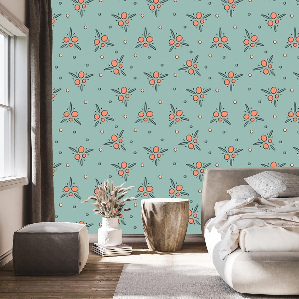 Wallpaper with Small Flowers In Sea and Beige for the Living Room and Bedroom 50x1000