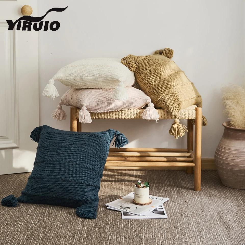 YIRUIO Scandinavian Style Cable Knit Pillow Case Fall Decor Kawaii Tassel Stripe Design Soft Sofa Bed Throw Pillow Case Cover