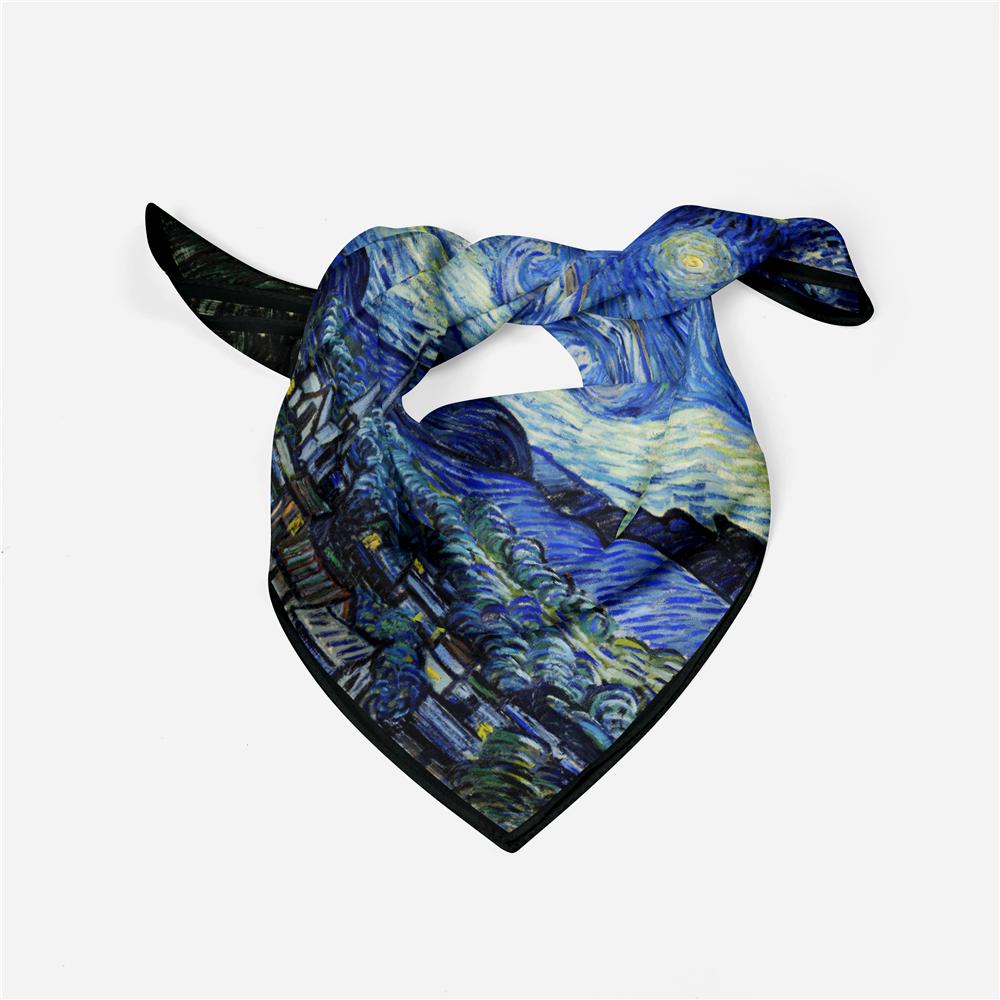 POBING Twill Silk Scarf Woman Van Gogh Print Square Scarves Wraps Bandana Small Hijabs Foulards Tie Headband Neckerchief 53CM