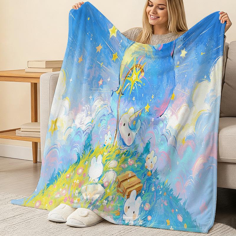 Cartoon Bunny Flannel Blanket Skin-friendly Plush, Soft & Cozy, Ideal for Home, Napping, Christmas & Halloween