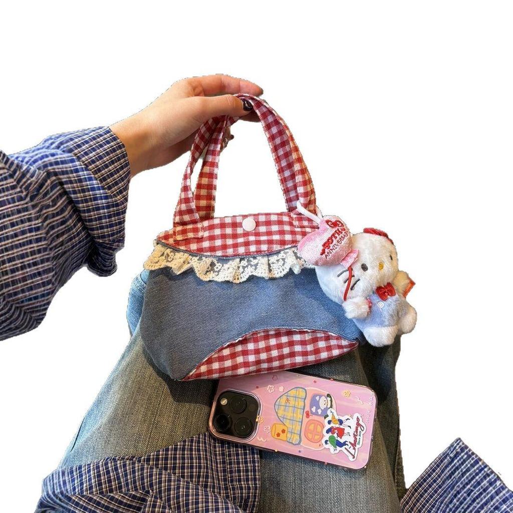 Korean Artistic Retro Plaid Handbag with Lace Trim In Red & Blue
