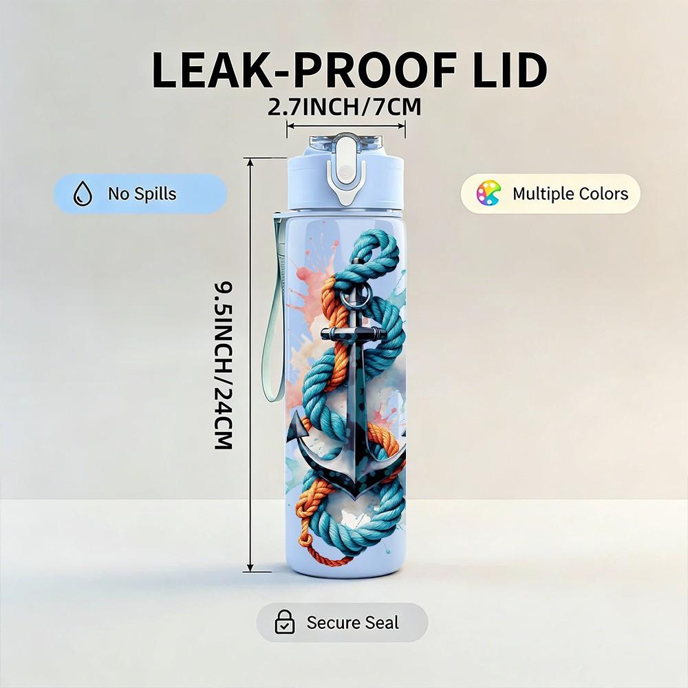 1PC Anchor Watercolor Splash Print 750ml Color Plastic Sports Water Bottle Leakproof Flip Straw Lid Suitable for Sports Office Home Use