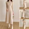 Women's Knitted A-Line Dress Half High Neck Long Sleeve Knee-Length Dress Winter Ribbed Sweater Dress Ladies Office Outfit