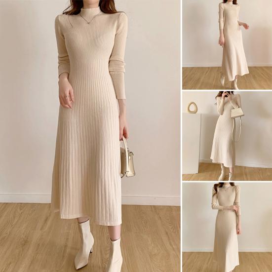Women's Knitted A-Line Dress Half High Neck Long Sleeve Knee-Length Dress Winter Ribbed Sweater Dress Ladies Office Outfit