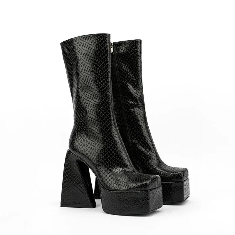 Fashion New Stone Pattern Side Zipper Thick Heel Mid-calf Boots Women Square Headed Waterproof platform Short Plush Winter Boots Size 45