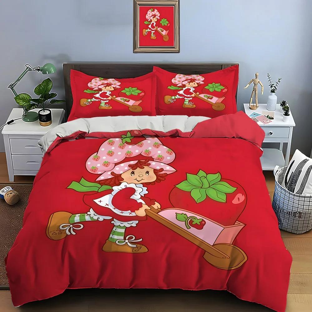 3D Anime Cuete Duvet Cover and Pillowcase, E-Emily Erdbeer Friends Bedding Set, Cute Bedroom Decoration 135x200, Gift for Girls